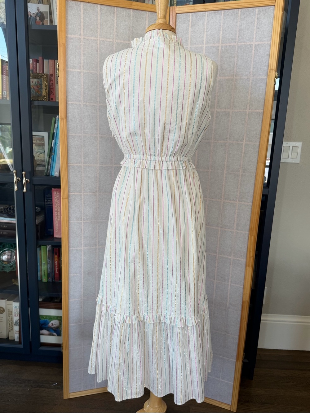J. Crew White Midi Dress with Metallic Pastel Stripes - Picture 6 of 7